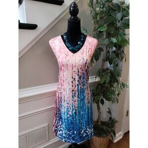 Women L Pink Blue Abstract Print Sleeveless V-Neck Casual Maxi Dress